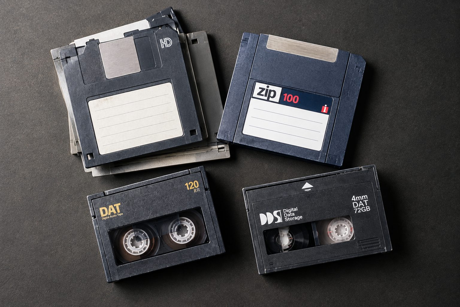 Obsolete storage media on a dark surface: 3.5-inch floppy disks, a Zip 100 disk and DAT tapes