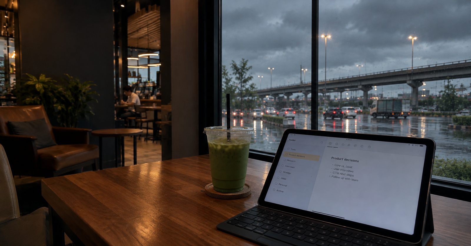 An iPad and an iced matcha on a wooden table at a highway service stop, rain and traffic outside the window at dusk