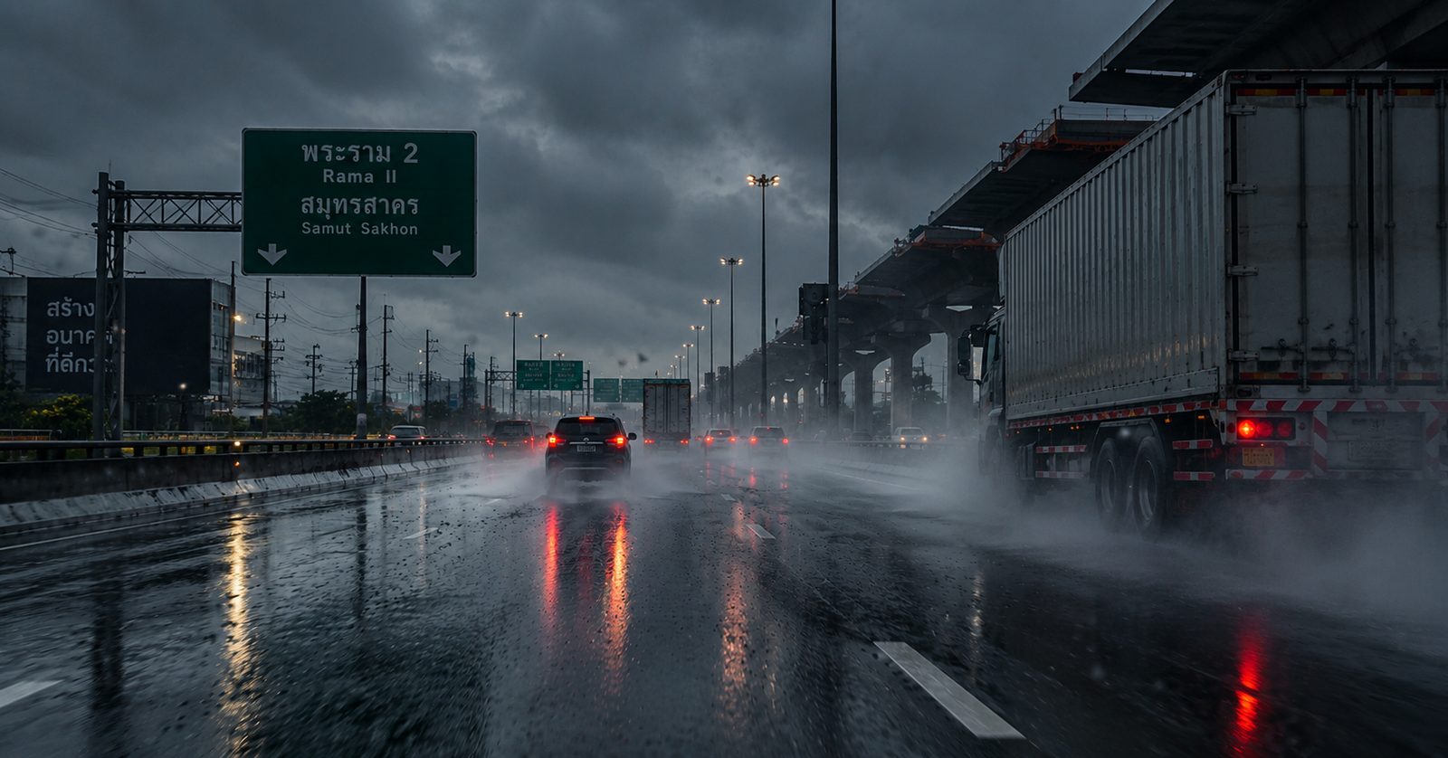 Rama II highway south of Bangkok in heavy rain, traffic throwing spray under a grey sky, an overhead sign for Samut Sakhon